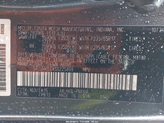 Продажа на аукционе авто 2025 Toyota Sienna Xle, vin: 5TDJRKEC4SS225868, номер лота: 43748114