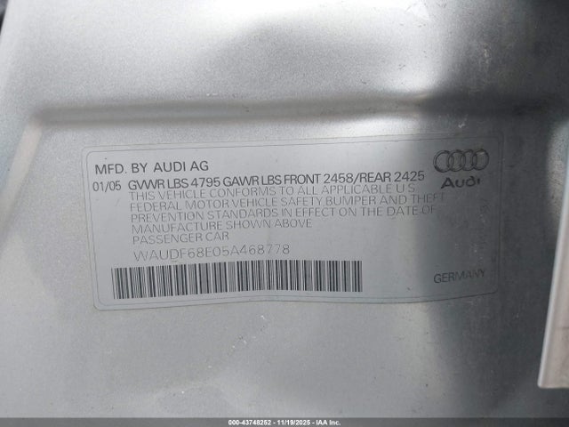 Продаж на аукціоні авто 2005 Audi A4 2.0t, vin: WAUDF68E05A468778, номер лоту: 43748252