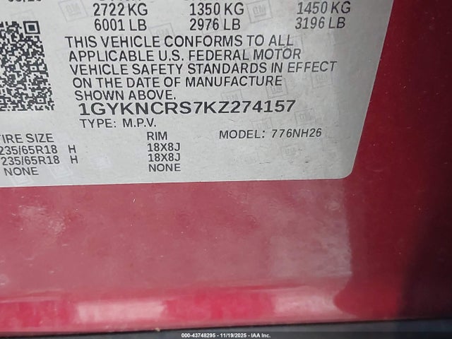 2019 CADILLAC XT5 1GYKNCRS7KZ274157 Photo 8