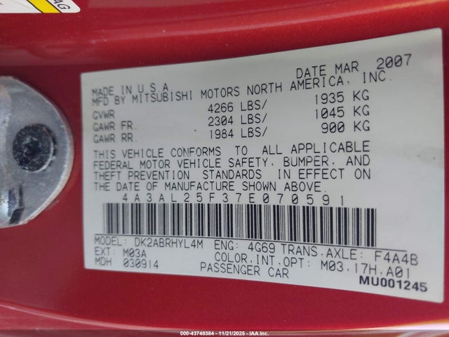 2007 MITSUBISHI ECLIPSE SPYDER 4A3AL25F37E070591 Photo 8