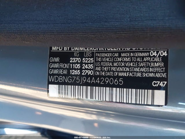 2004 Mercedes-benz S 500 მანქანა იყიდება აუქციონზე, vin: WDBNG75J94A429065, აუქციონის ნომერი: 43748486