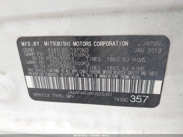 2019 MITSUBISHI OUTLANDER SPORT JA4AP4AUXKU025051 Photo 8