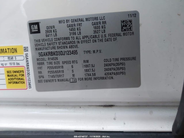 43748727 :رقم المزاد ، 5GAKRBKD3DJ123495 vin ، 2013 Buick Enclave Convenience مزاد بيع