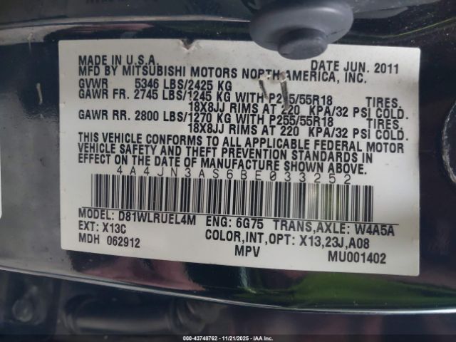 2011 MITSUBISHI ENDEAVOR 4A4JN3AS6BE033252 Photo 8