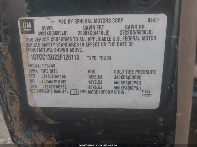 43748800 :رقم المزاد ، 1GTGC13U22F126113 vin ، 2002 Gmc Sierra 1500hd Sle مزاد بيع
