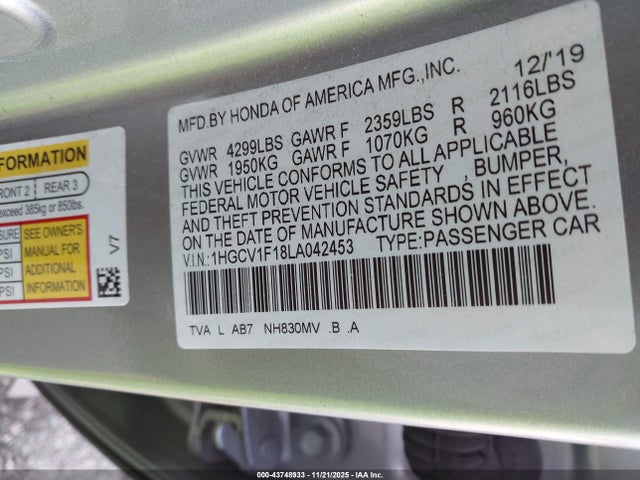 43748933 :رقم المزاد ، 1HGCV1F18LA042453 vin ، 2020 Honda Accord Lx مزاد بيع