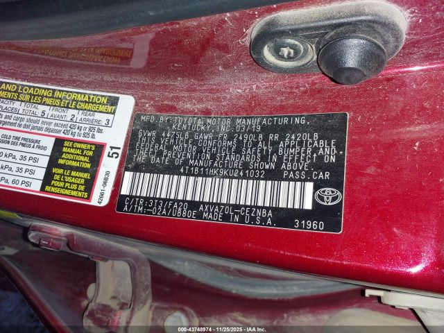 2019 TOYOTA CAMRY 4T1B11HK9KU241032 Photo 8