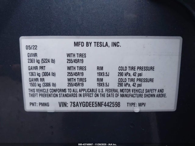 2022 TESLA MODEL Y 7SAYGDEE5NF442598 Photo 8