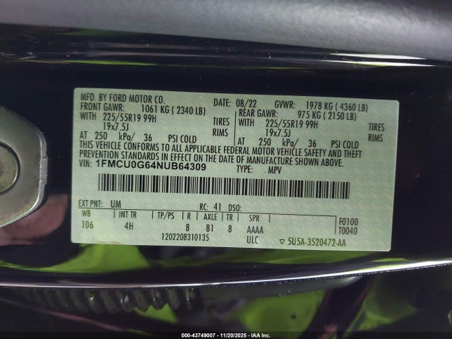 2022 Ford Escape Se მანქანა იყიდება აუქციონზე, vin: 1FMCU0G64NUB64309, აუქციონის ნომერი: 43749007