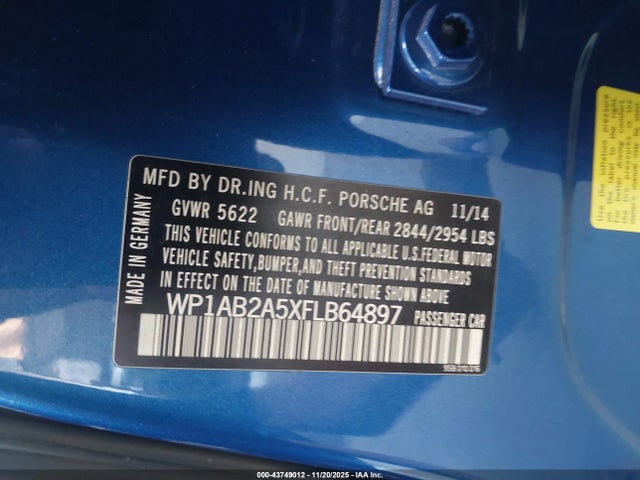 43749012 :رقم المزاد ، WP1AB2A5XFLB64897 vin ، 2015 Porsche Macan S مزاد بيع