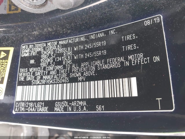 5TDKZRFH5KS350465 Toyota Highlander Se