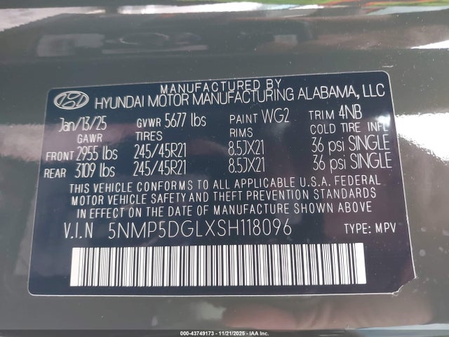5NMP5DGLXSH118096 Hyundai Santa Fe Calligraphy