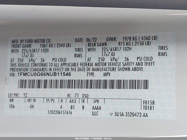 1FMCU0G66NUB11546 Ford ESCAPE SE