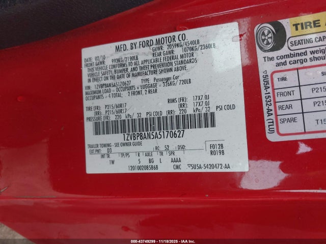 43749299 :رقم المزاد ، 1ZVBP8AN5A5170627 vin ، 2010 Ford Mustang V6/v6 Premium مزاد بيع