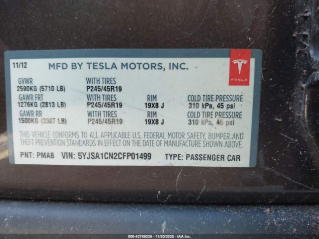 2012 TESLA MODEL S 5YJSA1CN2CFP01499 Photo 8