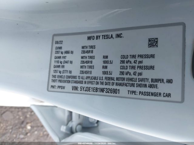 2022 TESLA MODEL 3 5YJ3E1EB1NF326901 Photo 8