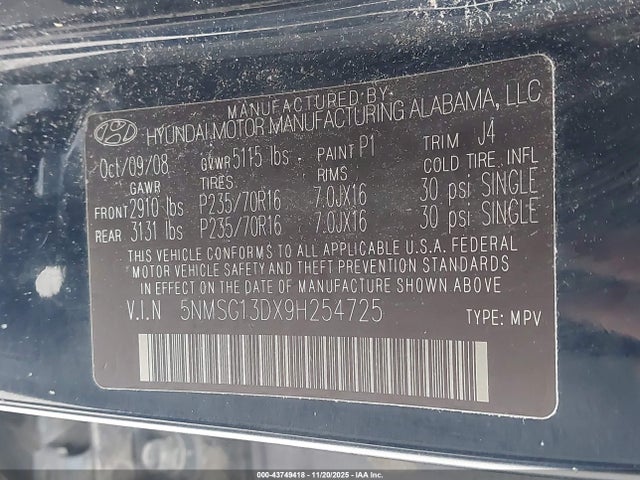 2009 HYUNDAI SANTA FE 5NMSG13DX9H254725 Photo 8