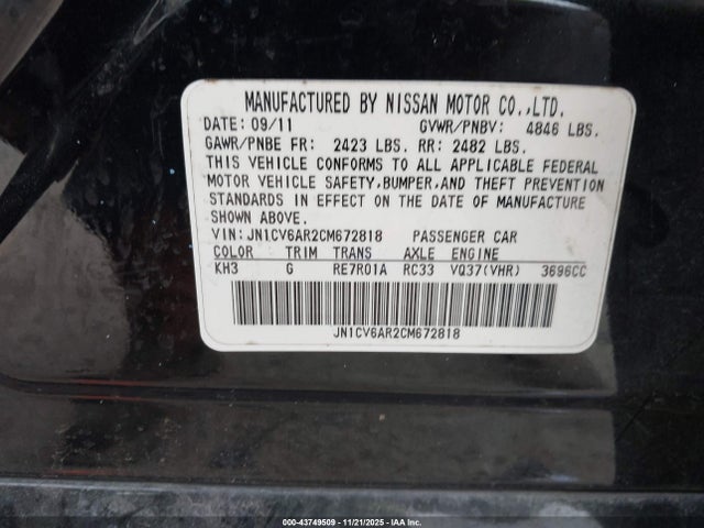 2012 Infiniti G37x მანქანა იყიდება აუქციონზე, vin: JN1CV6AR2CM672818, აუქციონის ნომერი: 43749509