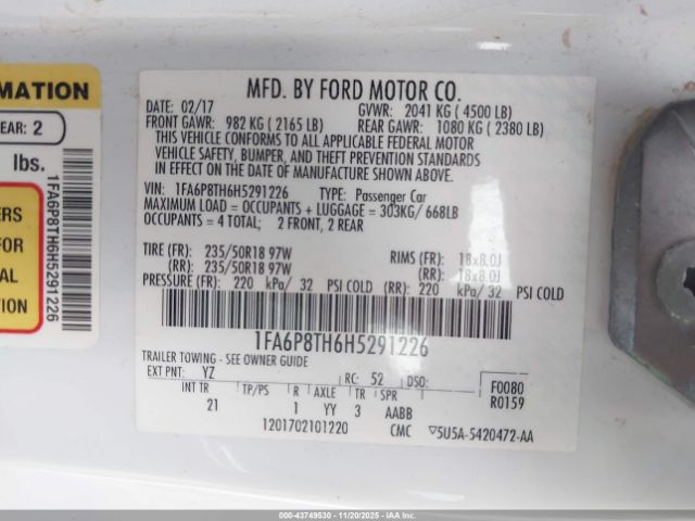 2017 FORD MUSTANG 1FA6P8TH6H5291226 Photo 8