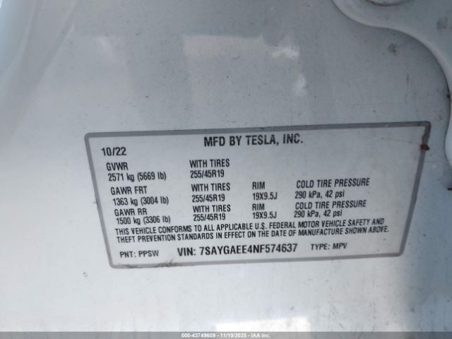 2022 TESLA MODEL Y 7SAYGAEE4NF574637 Photo 8
