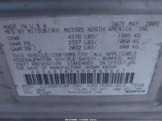 2009 MITSUBISHI GALANT 4A3AB36F49E043667 Photo 8