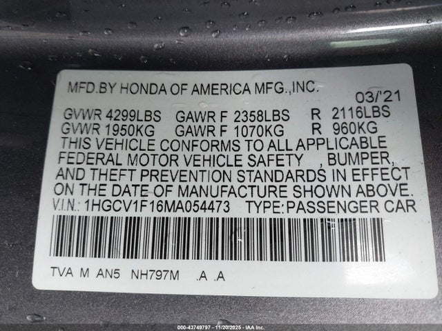 1HGCV1F16MA054473 Honda ACCORD LX