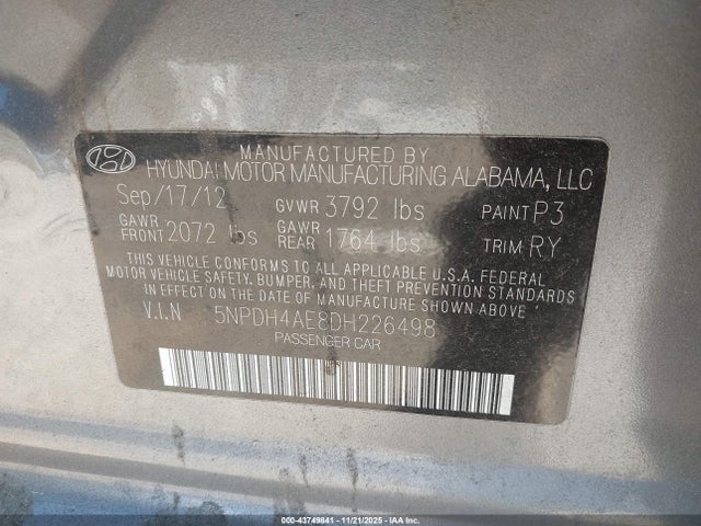 Продажа на аукционе авто 2013 Hyundai Elantra Limited, vin: 5NPDH4AE8DH226498, номер лота: 43749841