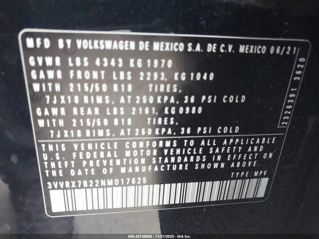 Aukcja sprzedaży 2022 Volkswagen Taos 1.5t Se, vin: 3VVRX7B22NM017625, numer aukcji: 43749855