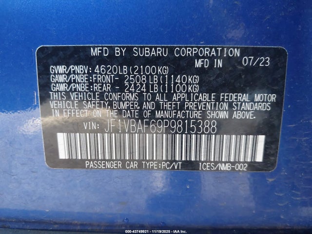 Subaru Wrx Premium 2023 JF1VBAF69P9815388 Image 9