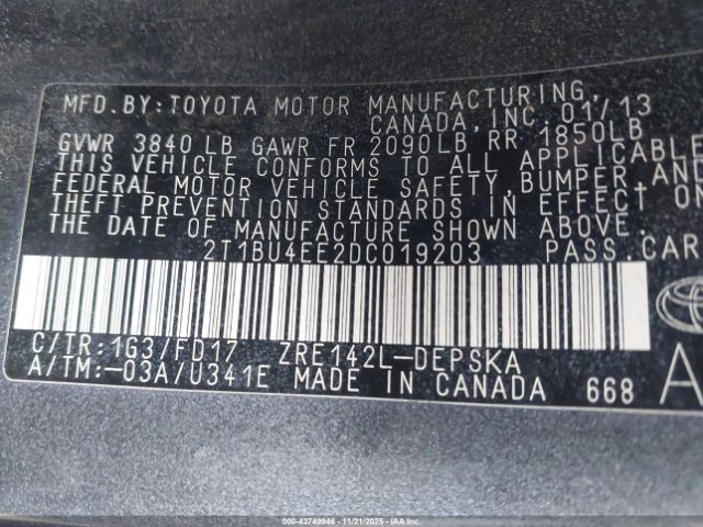 2013 TOYOTA COROLLA 2T1BU4EE2DC019203 Photo 8