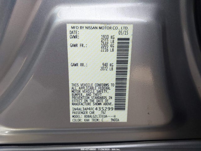 Aukcja sprzedaży 2015 Nissan Altima 2.5 S, vin: 1N4AL3AP4FC435299, numer aukcji: 43749958