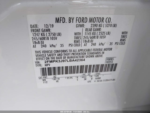 Ford EDGE SEL 2020 2FMPK3J97LBA42364 Image 9