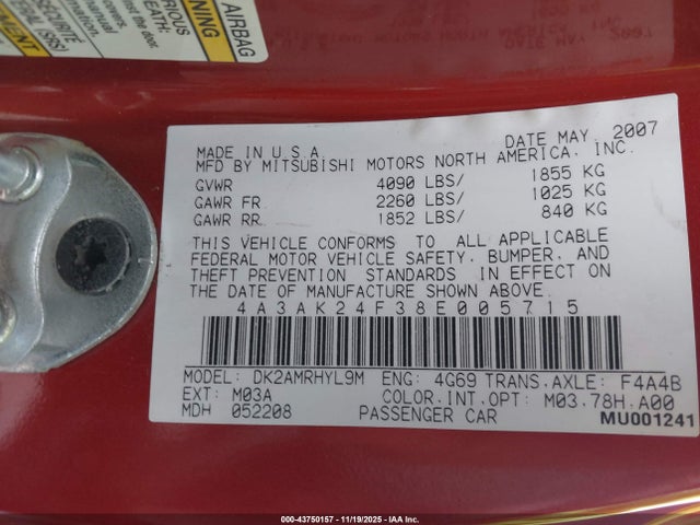 2008 MITSUBISHI ECLIPSE 4A3AK24F38E005715 Photo 8
