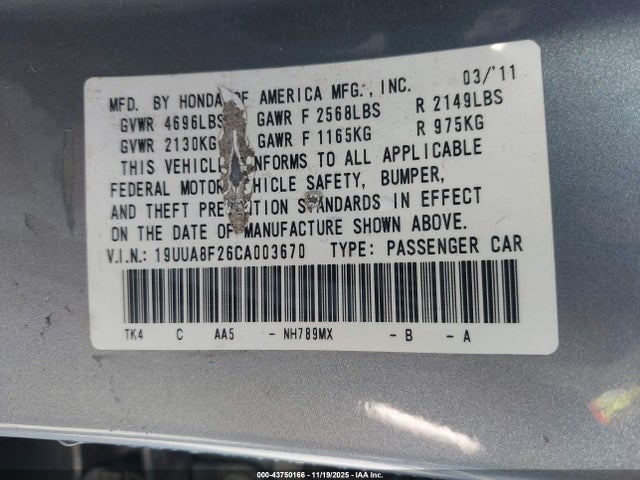 43750166 :رقم المزاد ، 19UUA8F26CA003670 vin ، 2012 Acura Tl 3.5 مزاد بيع