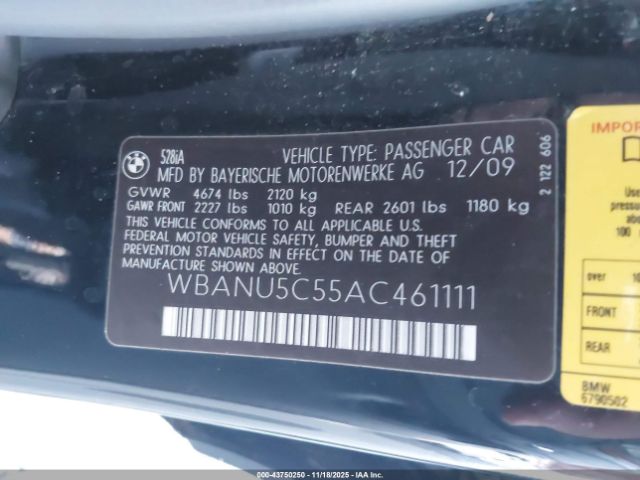 2010 BMW 528I WBANU5C55AC461111 Photo 8