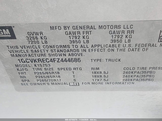 1GCVKREC4FZ444686 Chevrolet Silverado 1500 2lt