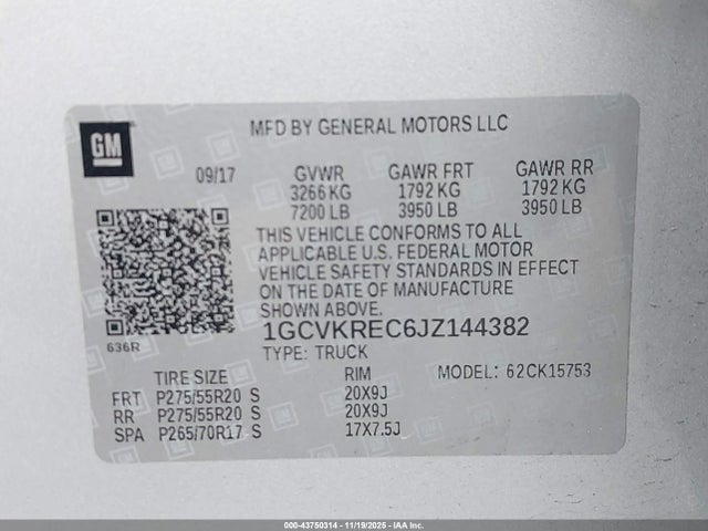 Aukcja sprzedaży 2018 Chevrolet Silverado 1500 2lt, vin: 1GCVKREC6JZ144382, numer aukcji: 43750314