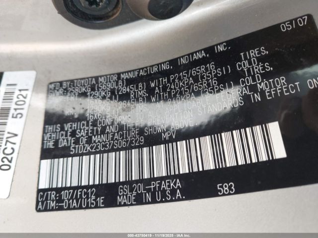 2007 TOYOTA SIENNA 5TDZK23C37S067329 Photo 8