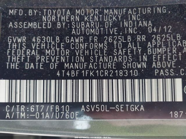 2012 TOYOTA CAMRY 4T4BF1FK1CR218310 Photo 8