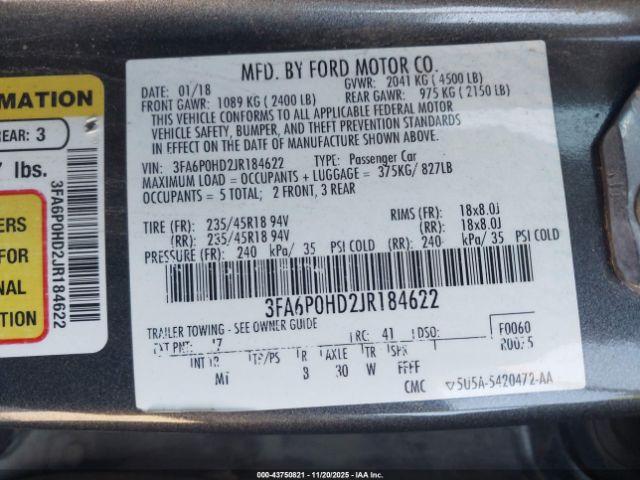 2018 FORD FUSION 3FA6P0HD2JR184622 Photo 8