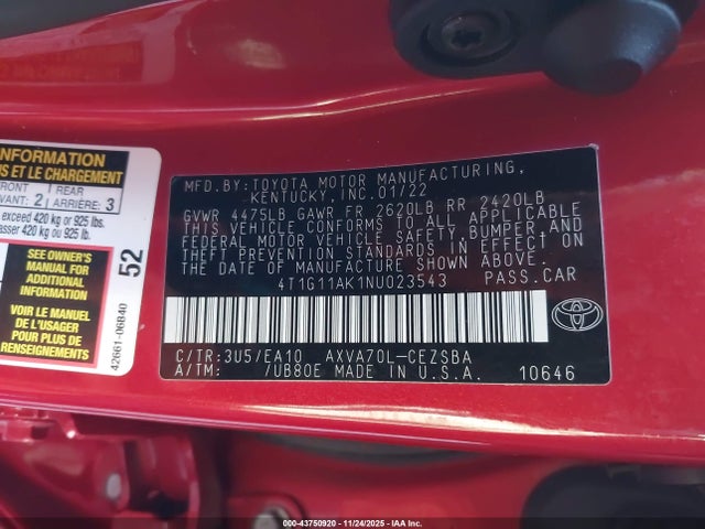 4T1G11AK1NU023543 Toyota a25a-fks