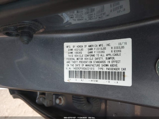 43751107 :رقم المزاد ، 1HGCR2F99GA221915 vin ، 2016 Honda Accord Ex-l مزاد بيع