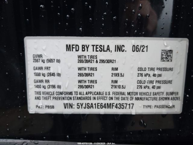 2021 TESLA MODEL S 5YJSA1E64MF435717 Photo 8