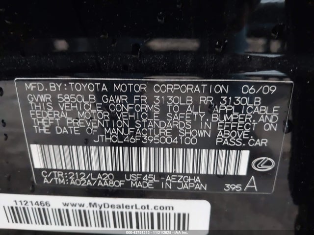 Продаж на аукціоні авто 2009 Lexus Ls 460, vin: JTHCL46F395004100, номер лоту: 43751213
