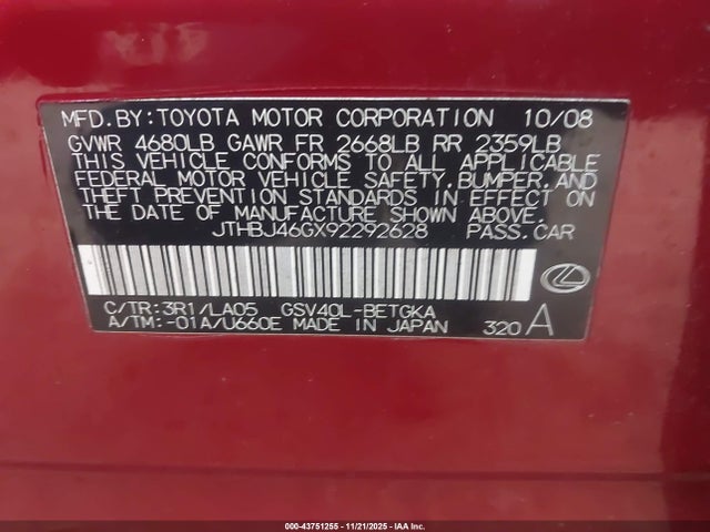 Aukcja sprzedaży 2009 Lexus Es 350, vin: JTHBJ46GX92292628, numer aukcji: 43751255