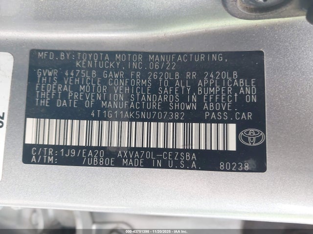 4T1G11AK5NU707382 Toyota CAMRY SE