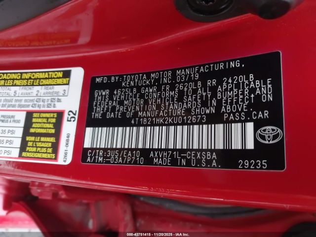 2019 TOYOTA CAMRY HYBRID 4T1B21HK2KU012673 Photo 8