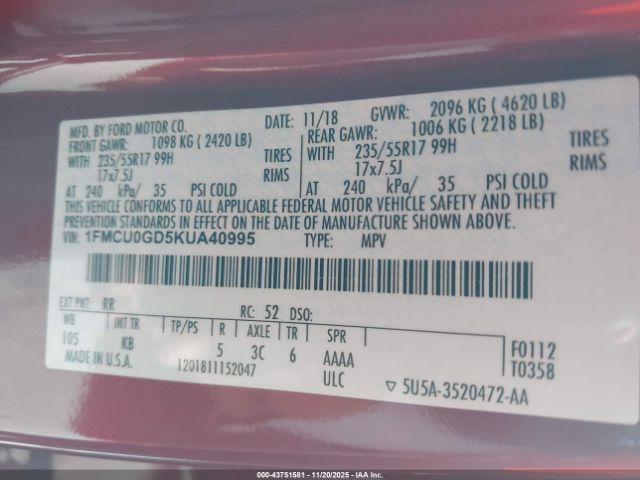 2019 FORD ESCAPE 1FMCU0GD5KUA40995 Photo 8