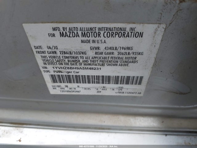 Продаж на аукціоні авто 2010 Mazda Mazda6 I Sport, vin: 1YVHZ8BH9A5M48231, номер лоту: 43751586
