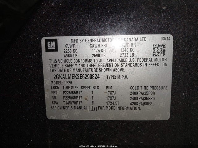 2014 Gmc Terrain Sle-1 მანქანა იყიდება აუქციონზე, vin: 2GKALMEK2E6290824, აუქციონის ნომერი: 43751694
